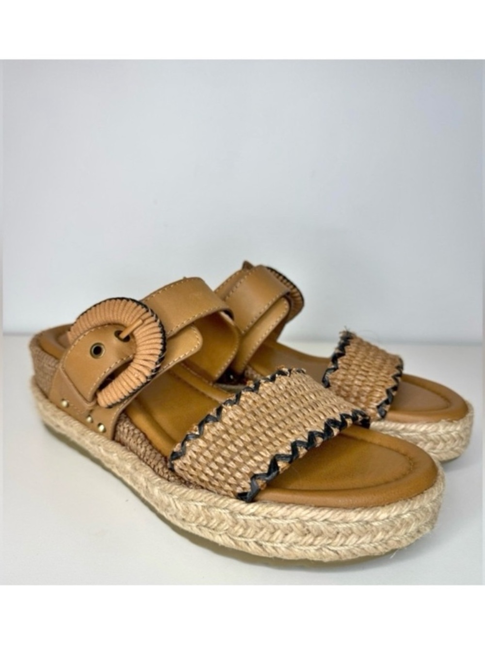 Earth Shoes Brown Leather Textile Upper Platform Espadrille Slide Sandal Women 9